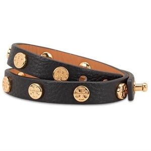 NWT Tory Burch Double Wrap Leather Logo Bracelet, Black / Gold, Adjustable